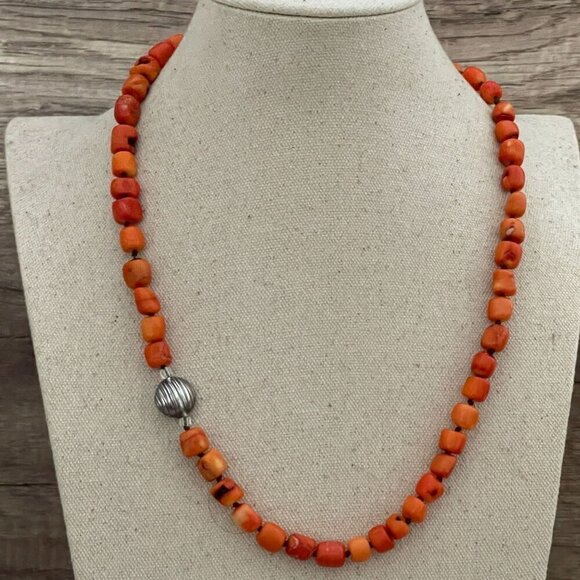 Vintage Peyote Bird Orange Coral Square Bead Necklace .925 Sterling Silver 24" - Picture 1 of 7